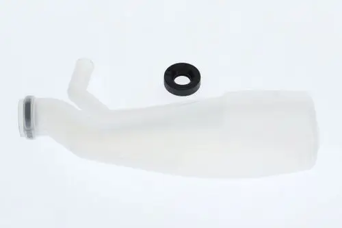Transparenter Siphon von Bosch mit abgewinkeltem Auslass und Gummidichtung. Neben dem Siphon befindet sich eine schwarze Dichtung.